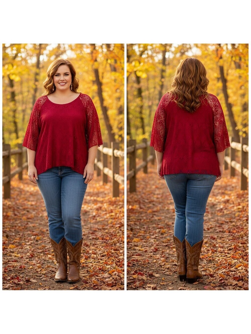 1975 - Brittany Black Women's Burgundy Lace Sleeve Top